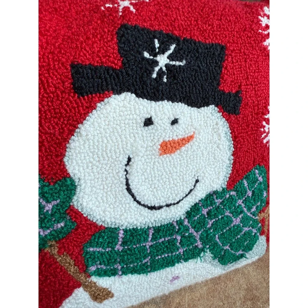Christmas Decor Santa and Snowman Hand Hooked Throw Pillow Set Red Holiday 15X14